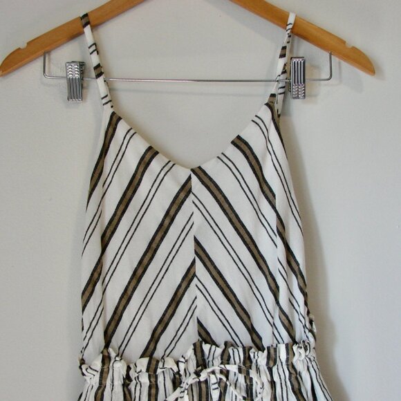 Linen Blend Dress Spaghetti Strap Lauren Vidal White Black Tan Stripe Small - Picture 3 of 12